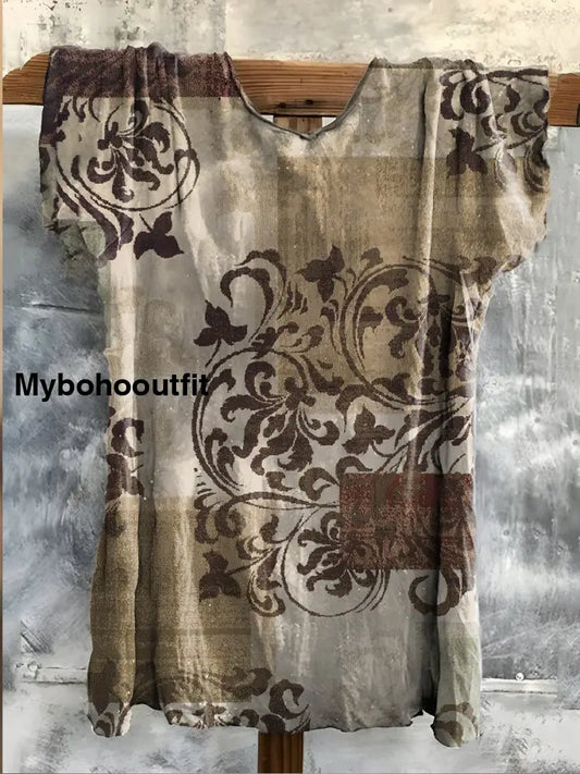Retro Boho Floral Printed Crew-Neck Vintage Comfortable Cotton Casual T-Shirt A / S