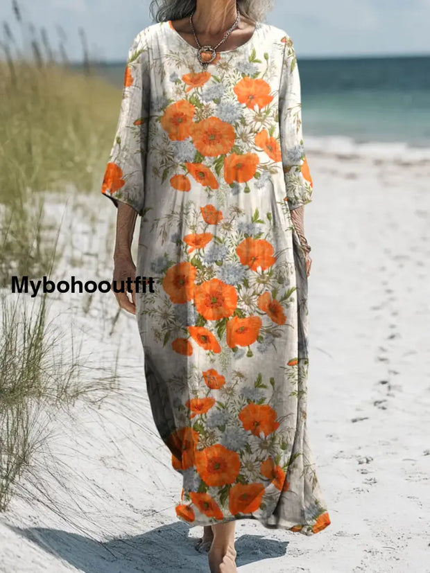 Retro Boho Floral Printed Round Neck Vintage Loose Long Sleeves Midi Dress A / S