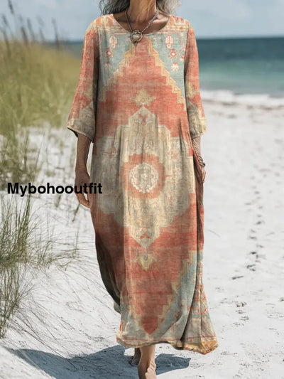 Retro Boho Floral Printed Round Neck Vintage Loose Long Sleeves Midi Dress A / S