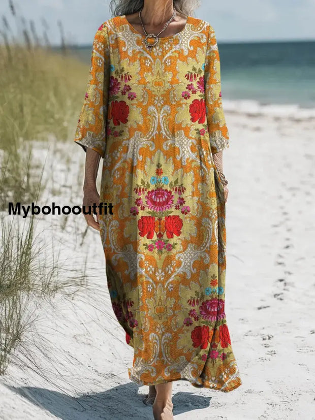 Retro Boho Floral Printed Round Neck Vintage Loose Long Sleeves Midi Dress A / S