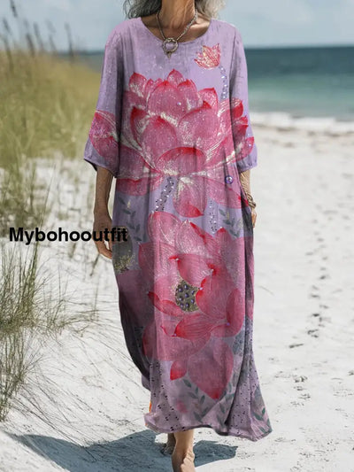 Retro Boho Floral Printed Round Neck Vintage Loose Long Sleeves Midi Dress A / S