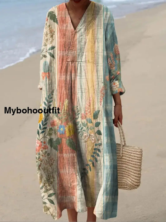 Retro Boho Floral Printed V-Neck Vintage Casual Loose Long Sleeves Dress A / S