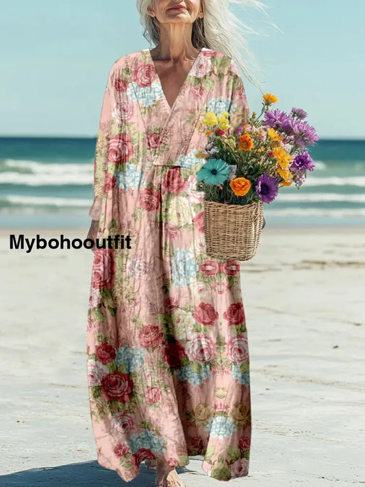 Retro Boho Floral Printed V-Neck Vintage Loose Long Cotton Sleeves Midi Dress A / S