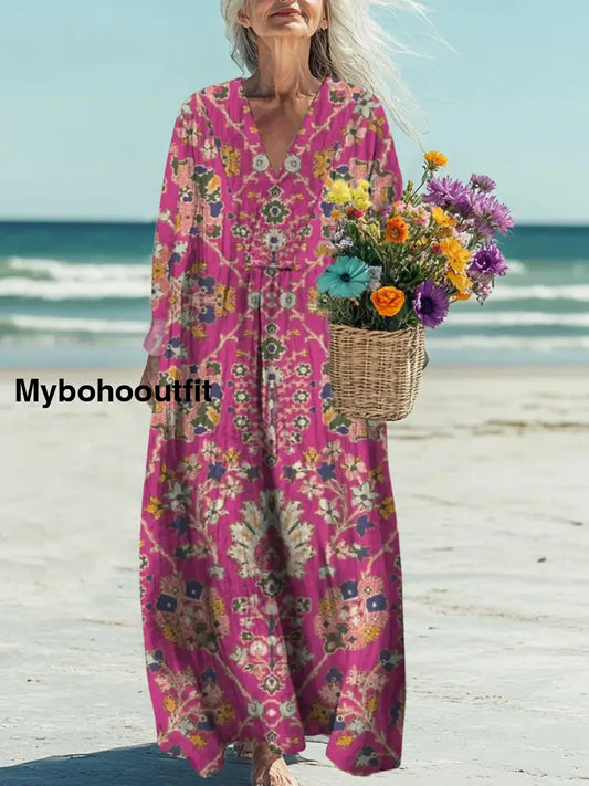 Retro Boho Floral Printed V-Neck Vintage Loose Long Cotton Sleeves Midi Dress A / S