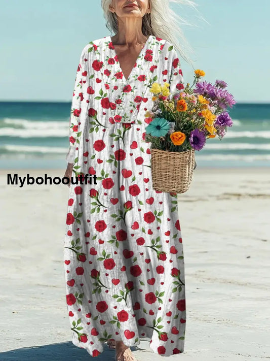 Retro Boho Floral Printed V-Neck Vintage Loose Long Cotton Sleeves Midi Dress A / S