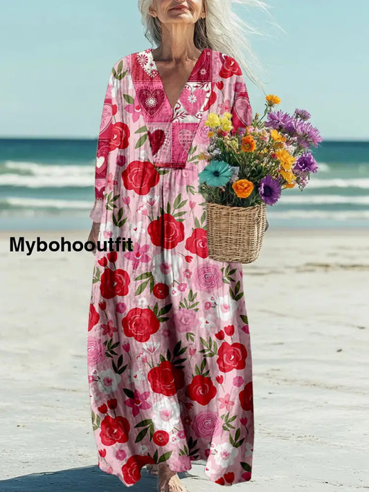 Retro Boho Floral Printed V-Neck Vintage Loose Long Cotton Sleeves Midi Dress A / S