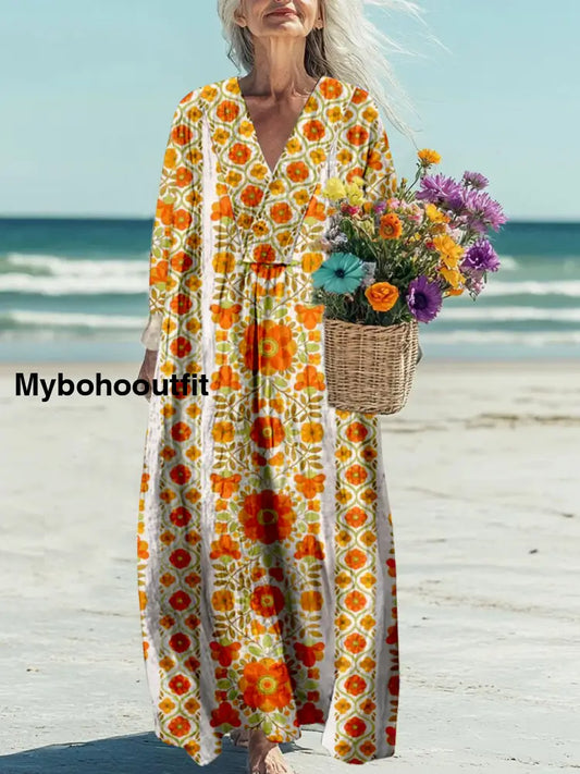 Retro Boho Floral Printed V-Neck Vintage Loose Long Cotton Sleeves Midi Dress A / S