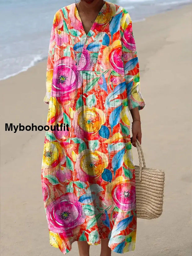 Retro Boho Floral Printed Wide V-Neck Vintage Loose Long Cotton Sleeves Midi Dress A / S