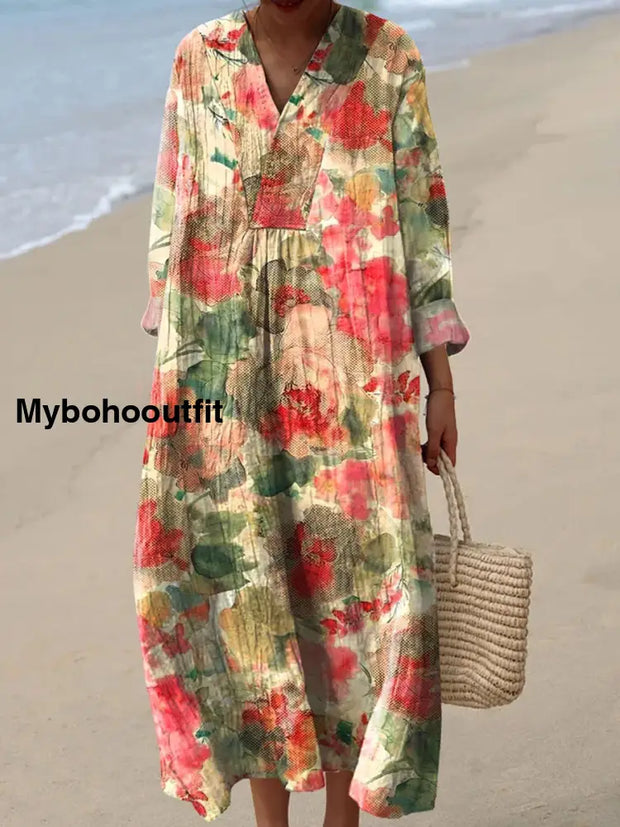 Retro Boho Floral Printed Wide V-Neck Vintage Loose Long Cotton Sleeves Midi Dress A / S