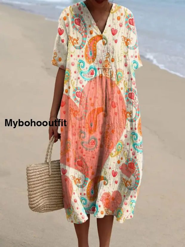 Retro Boho Heart Printed Wide V-Neck Vintage Loose Mid-Length Sleeves Cotton Midi Dress A / S