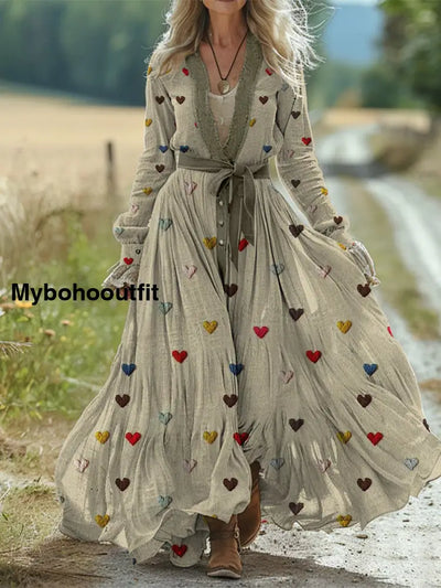 Retro Boho Heart-Shaped Print Vintage Chic Waist Strap V-Neck Cotton Long Sleeve Midi Dress A / S