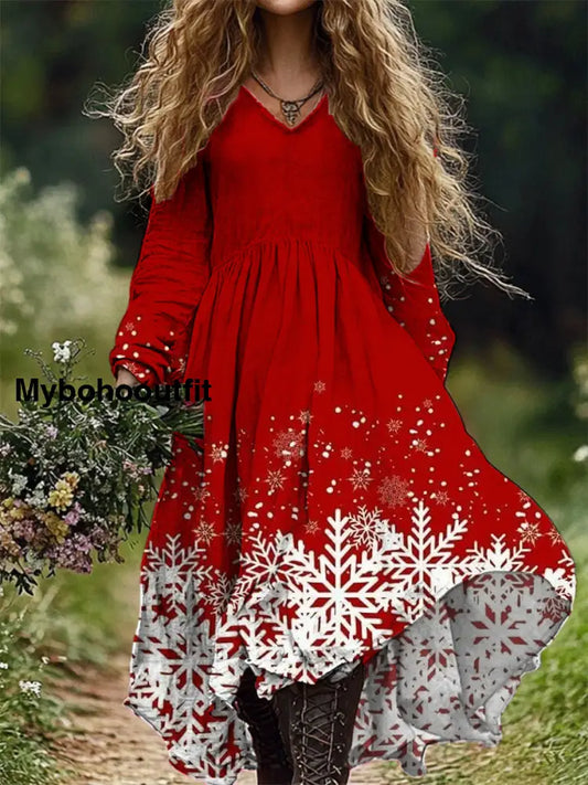 Retro Christmas Art Print V-Neck Elegant Chic Loose Long Sleeve Midi Dress A / S