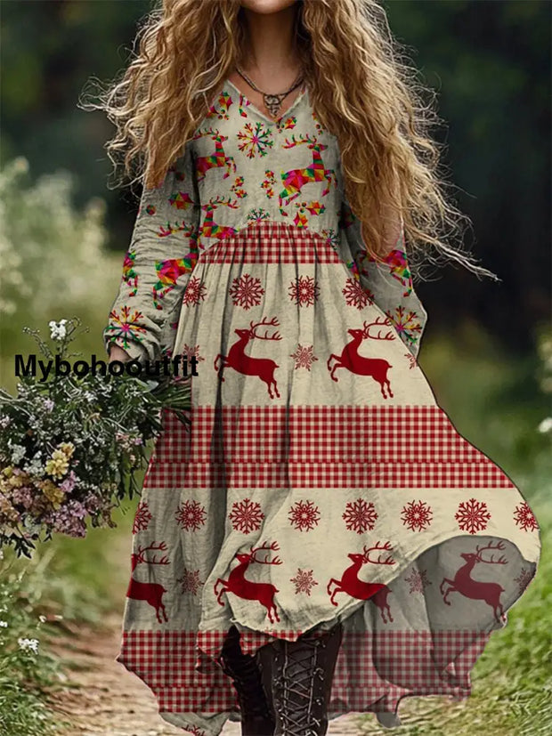 Retro Christmas Art Print V-Neck Elegant Chic Loose Long Sleeve Midi Dress A / S