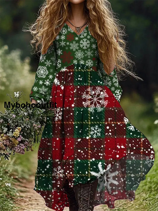 Retro Christmas Art Print V-Neck Elegant Chic Loose Long Sleeve Midi Dress A / S