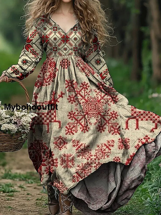 Retro Christmas Art Print V-Neck Elegant Chic Loose Long Sleeve Midi Dress A / S