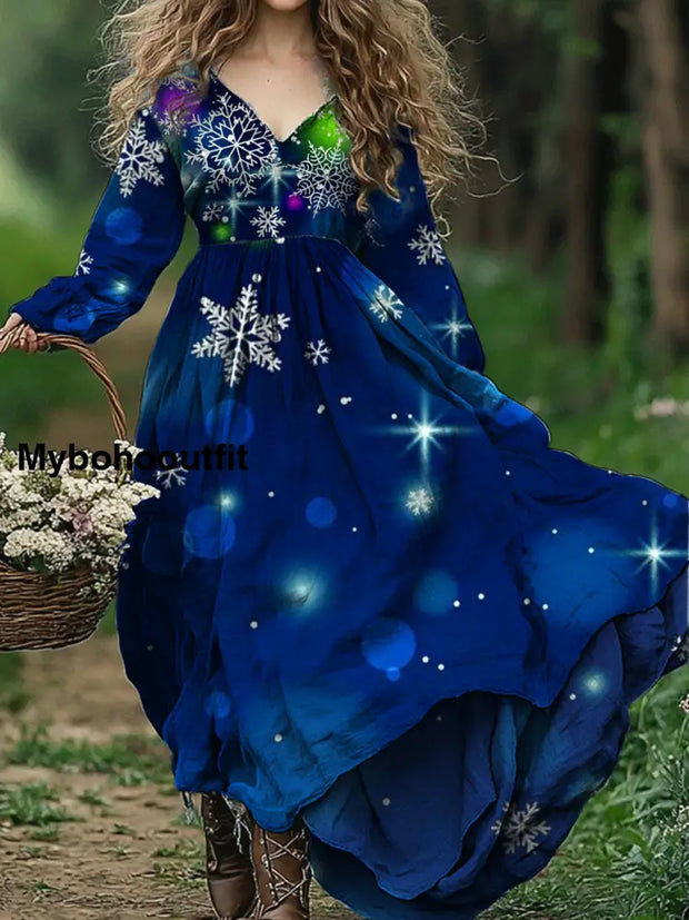 Retro Christmas Art Print V-Neck Elegant Chic Loose Long Sleeve Midi Dress A / S