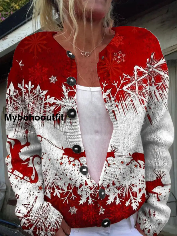 Retro Christmas Print Chic Button Thick Long Sleeve Cardigan Sweater A / S