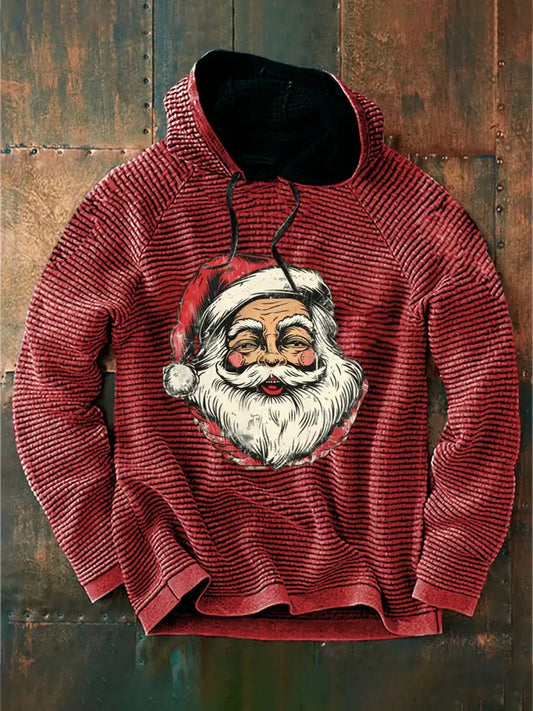 Retro Christmas Santa Claus Print Casual Cotton French Terry Hoodie Wine Red / S