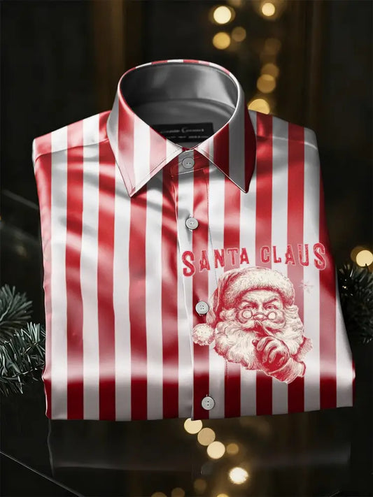 Retro Christmas Santa Claus Stripes Print Royal Luxury Long Sleeve Shirt Red / S