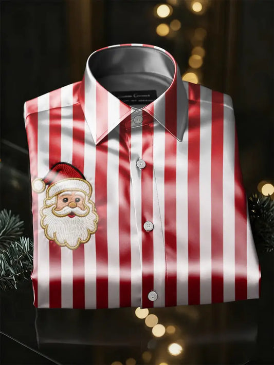 Retro Christmas Santa Claus Stripes Print Royal Luxury Long Sleeve Shirt Red / S