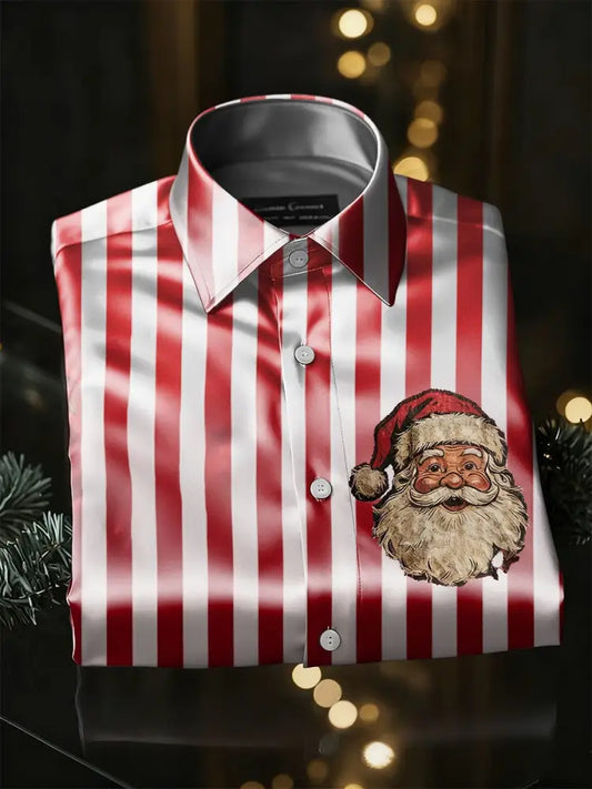 Retro Christmas Santa Claus Stripes Print Royal Luxury Long Sleeve Shirt Red / S