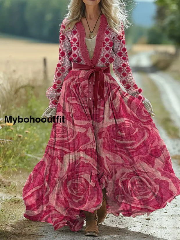 Retro Classc Boho Floral Print Vintage Chic Waist Strap V-Neck Cotton Long Sleeve Midi Dress A / S