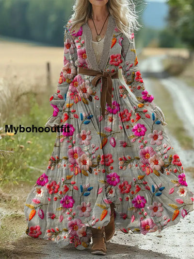 Retro Classc Boho Floral Print Vintage Chic Waist Strap V-Neck Cotton Long Sleeve Midi Dress A / S