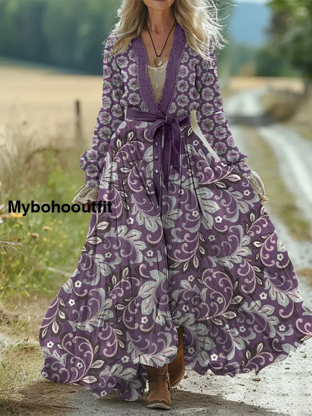 Retro Classc Boho Floral Print Vintage Chic Waist Strap V-Neck Cotton Long Sleeve Midi Dress A / S