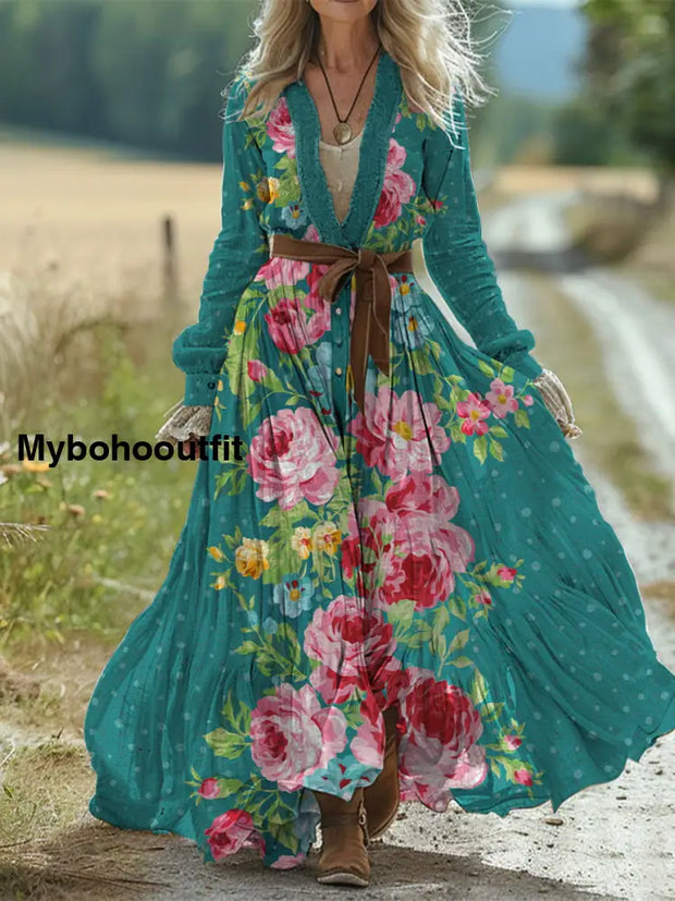 Retro Classc Boho Floral Print Vintage Chic Waist Strap V-Neck Cotton Long Sleeve Midi Dress A / S