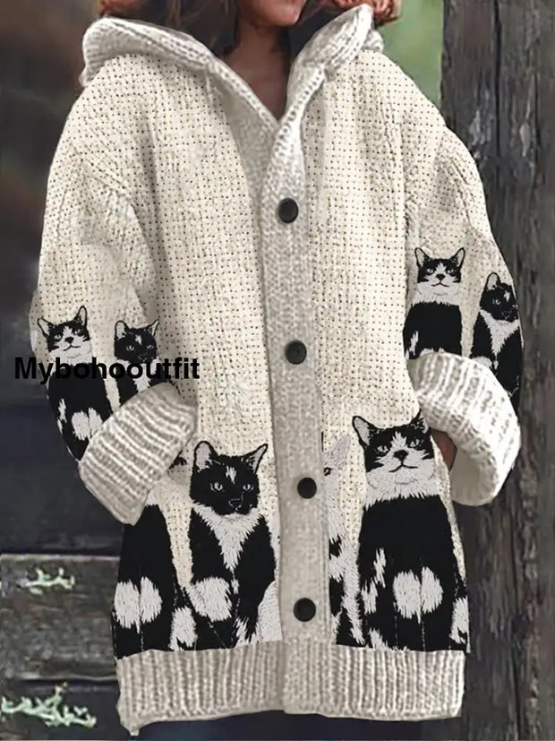 Retro Cute Cat Print Button Up Thick Long-Sleeved Hooded Cardigan Sweater A / S