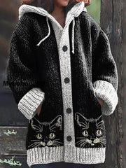 Retro Cute Cat Print Button Up Thick Long-Sleeved Hooded Cardigan Sweater A / S