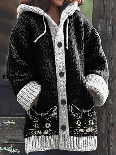 Retro Cute Cat Print Button Up Thick Long-Sleeved Hooded Cardigan Sweater A / S