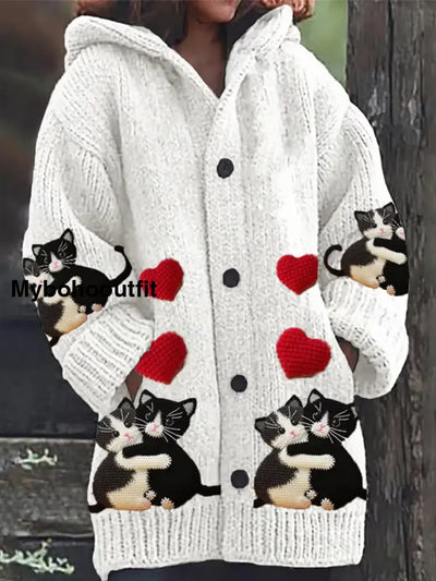 Retro Cute Cat Print Button Up Thick Long-Sleeved Hooded Cardigan Sweater A / S