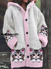 Retro Cute Cat Print Button Up Thick Long-Sleeved Hooded Cardigan Sweater A / S