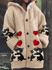 Retro Cute Cat Print Button Up Thick Long-Sleeved Hooded Cardigan Sweater B / S