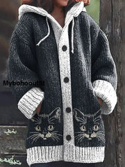 Retro Cute Cat Print Button Up Thick Long-Sleeved Hooded Cardigan Sweater B / S