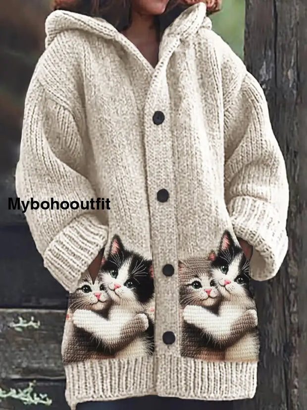 Retro Cute Cat Print Button Up Thick Long-Sleeved Hooded Cardigan Sweater B / S