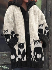 Retro Cute Cat Print Button Up Thick Long-Sleeved Hooded Cardigan Sweater B / S