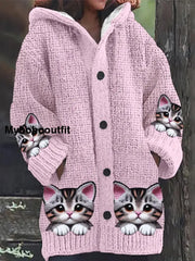 Retro Cute Cat Print Button Up Thick Long-Sleeved Hooded Cardigan Sweater B / S