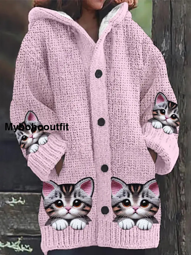 Retro Cute Cat Print Button Up Thick Long-Sleeved Hooded Cardigan Sweater B / S