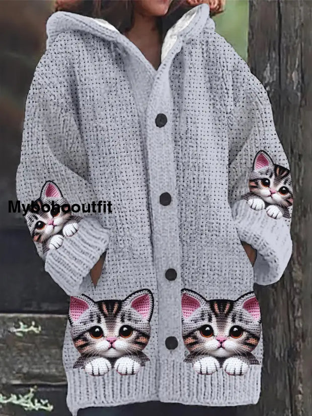 Retro Cute Cat Print Button Up Thick Long-Sleeved Hooded Cardigan Sweater C / S