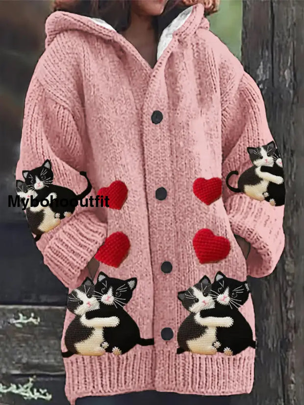 Retro Cute Cat Print Button Up Thick Long-Sleeved Hooded Cardigan Sweater C / S