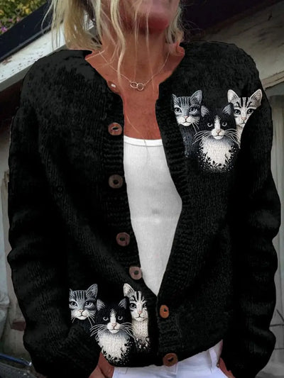 Retro Cute Cat Print Buttoned Casual Long-Sleeved Knit Cardigan Sweater A / S