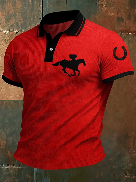 Retro Dreby Horse Printed Waffle Texture Athletic V-Neck Short Sleeves Polo Shirt A / S