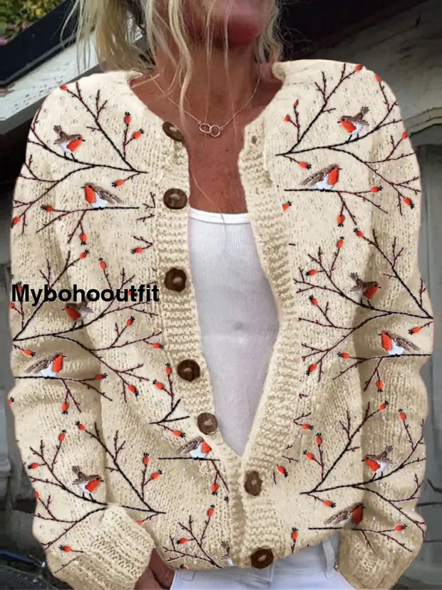 Retro Elegant Animal Art Bird Print Chic Button Thick Long-Sleeved Cardigan Sweater A / S