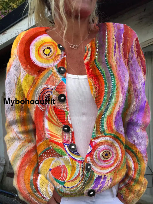 Retro Elegant Art Print Chic Button Thick Long Sleeve Cardigan Sweater A / S