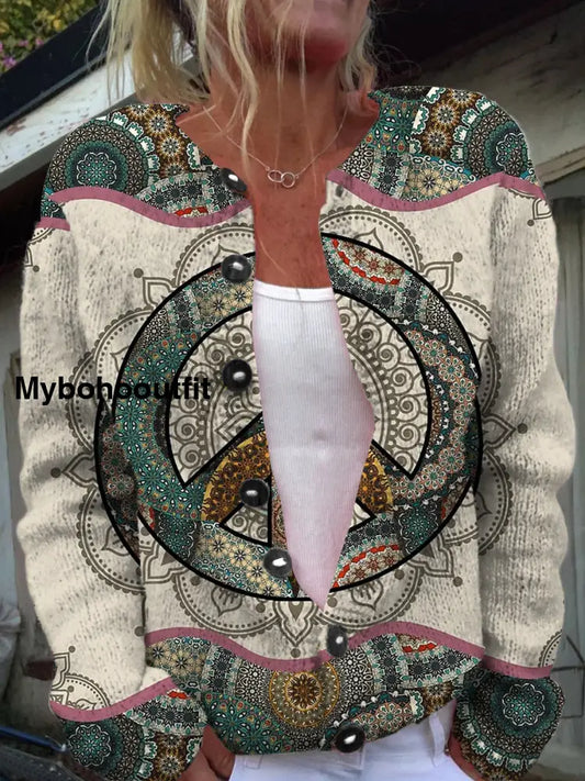 Retro Elegant Art Print Chic Button Thick Long Sleeve Cardigan Sweater A / S
