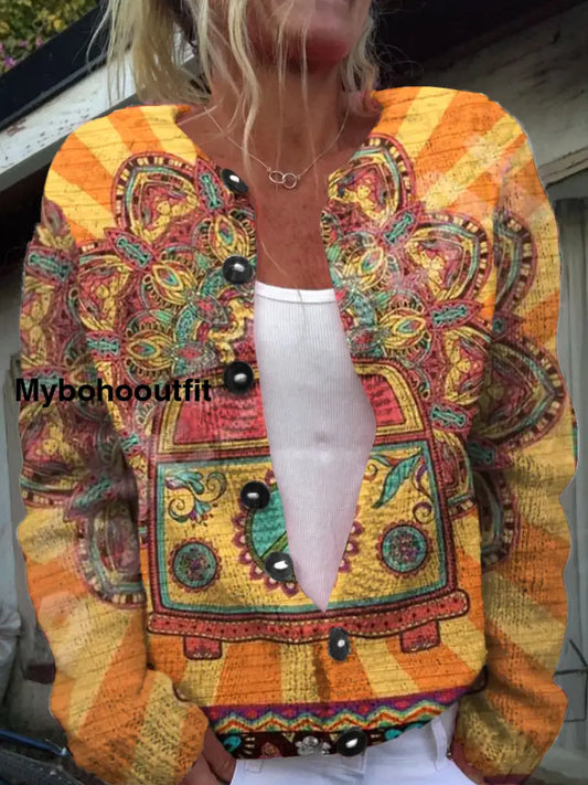Retro Elegant Art Print Chic Button Thick Long Sleeve Cardigan Sweater A / S