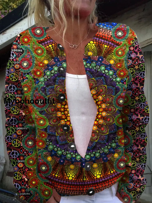 Retro Elegant Art Print Chic Button Thick Long Sleeve Cardigan Sweater A / S
