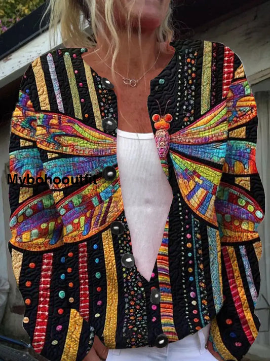 Retro Elegant Art Print Chic Button Thick Long Sleeve Cardigan Sweater A / S